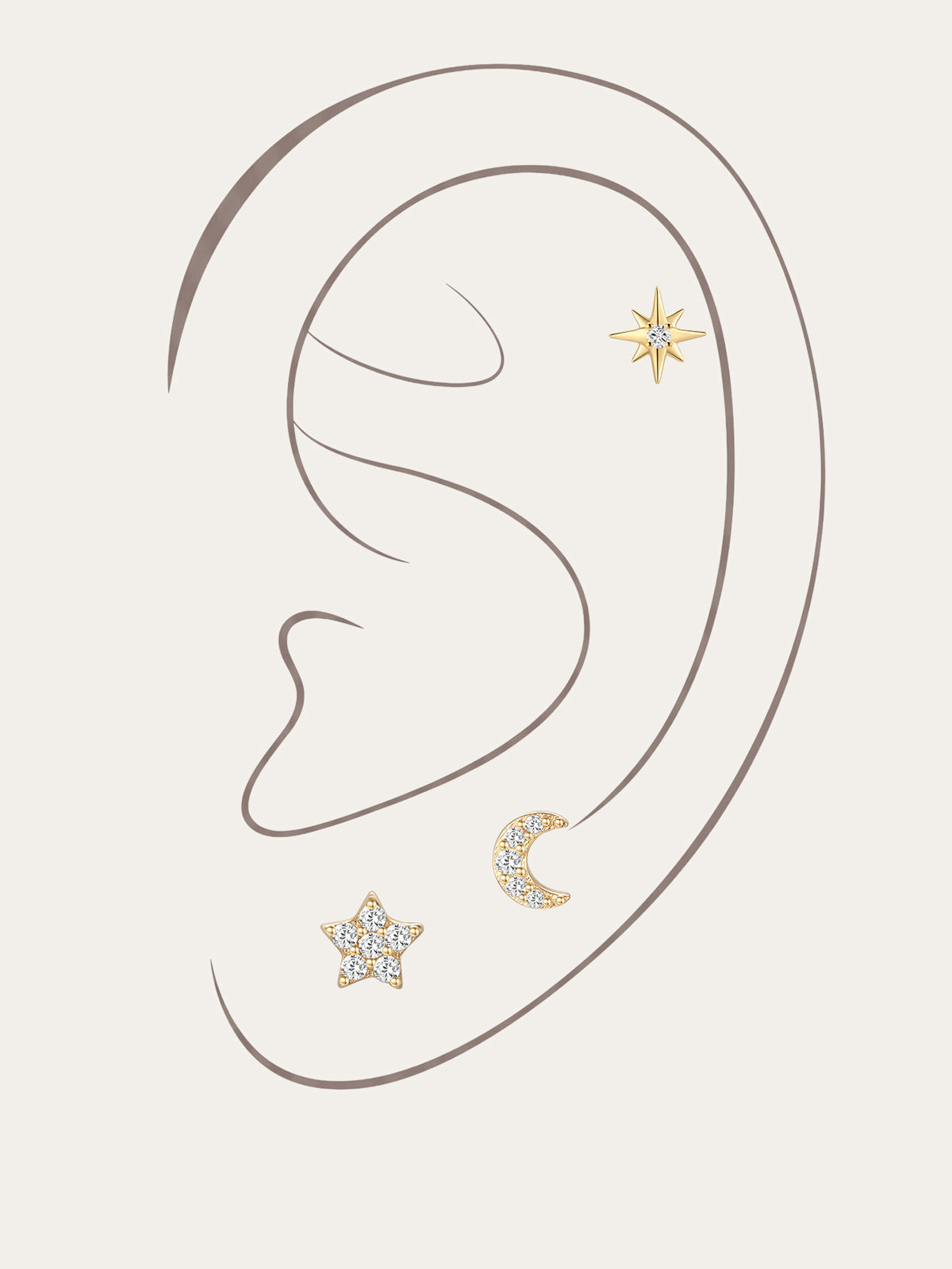 KOSINER 14K Solid Gold Delicate Cosmic Stud Set