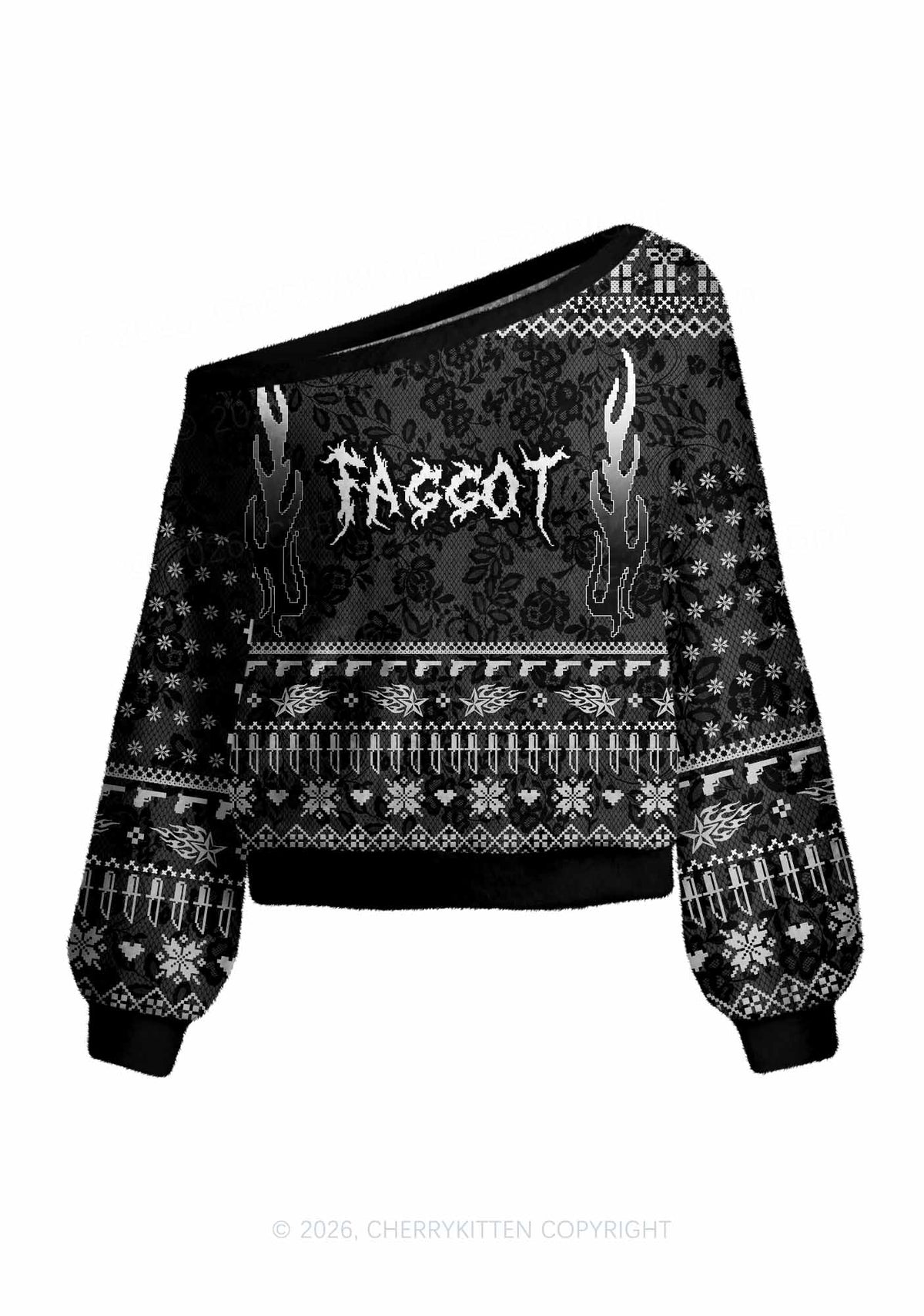 Punk Faggot Pride Y2K Off Shoulder Knit Sweatshirt Cherrykitten