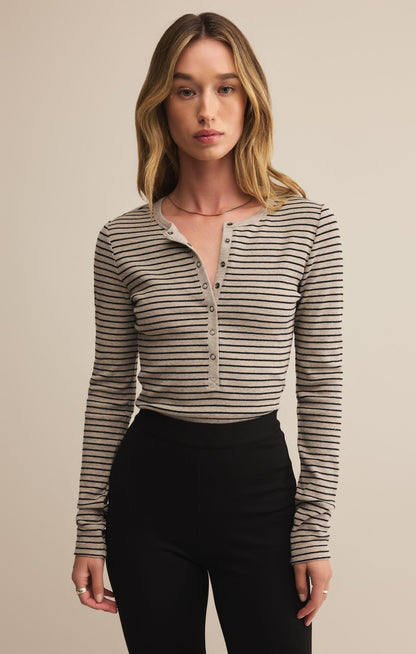 Stella Stripe Henley - Heather Taupe
