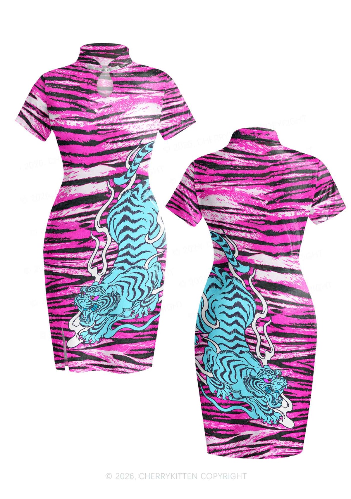 Blue Tiger Pink Zebra Stripe Y2K Cheongsam Mini Dress Cherrykitten