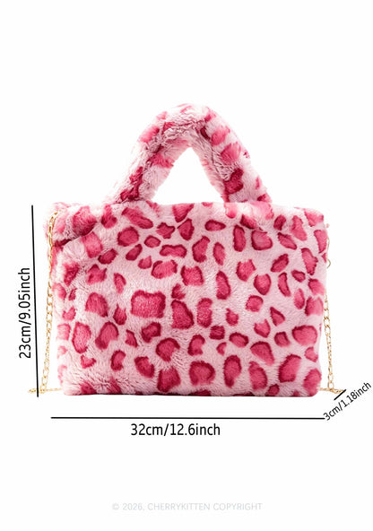 Glitter Custom Text Y2K Plush Leopard Handbag Cherrykitten