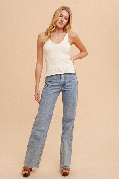 Terry Knit Double V Neck Sweater Tank- Off White