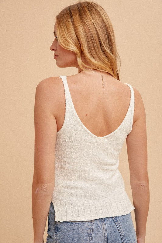 Terry Knit Double V Neck Sweater Tank- Off White