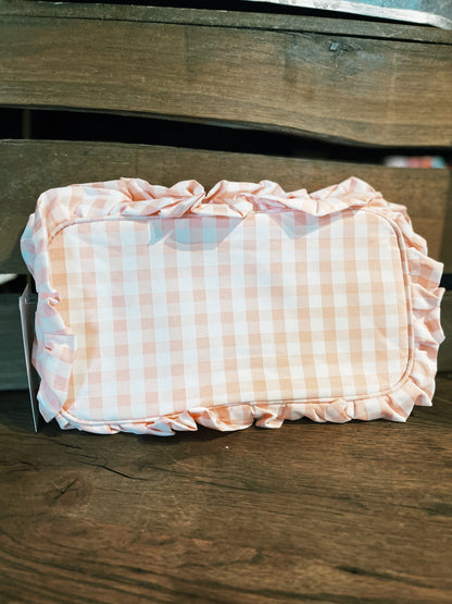 Gingham Ruffle Zipper Pouch - Peach