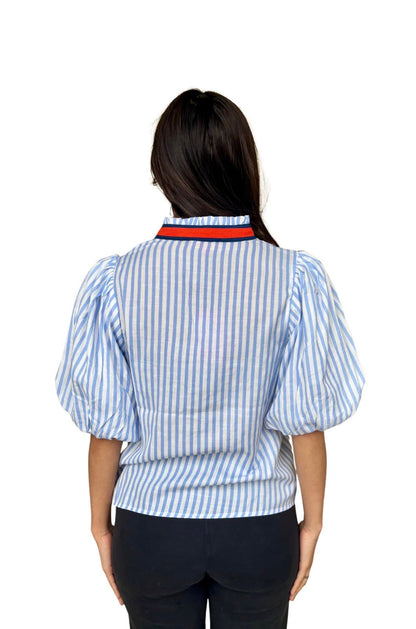 Blue Striped Puff Sleeve Top