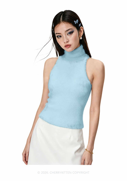 Plain Light Blue Y2K Knit Turtleneck Tank Top Cherrykitten