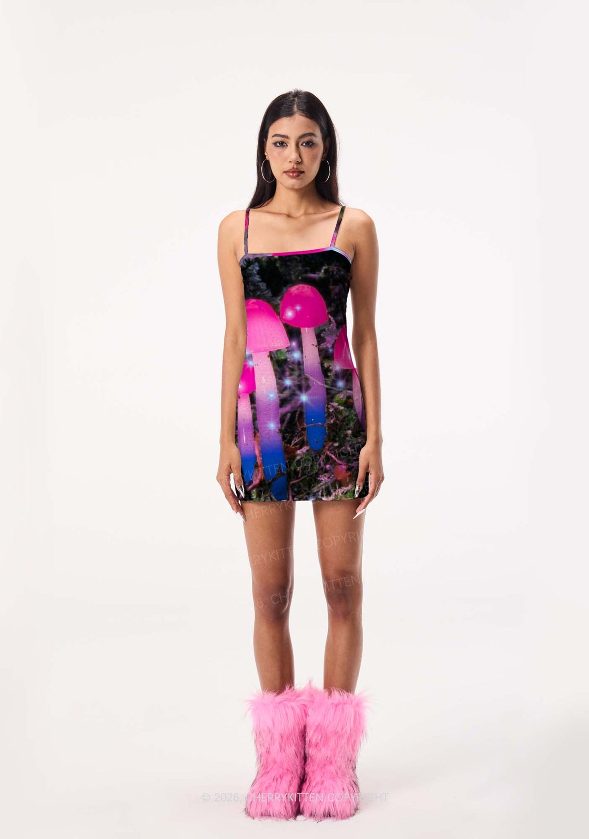 Bisexual Glowing Mushroom Pride Y2K Print Slip Dress Cherrykitten