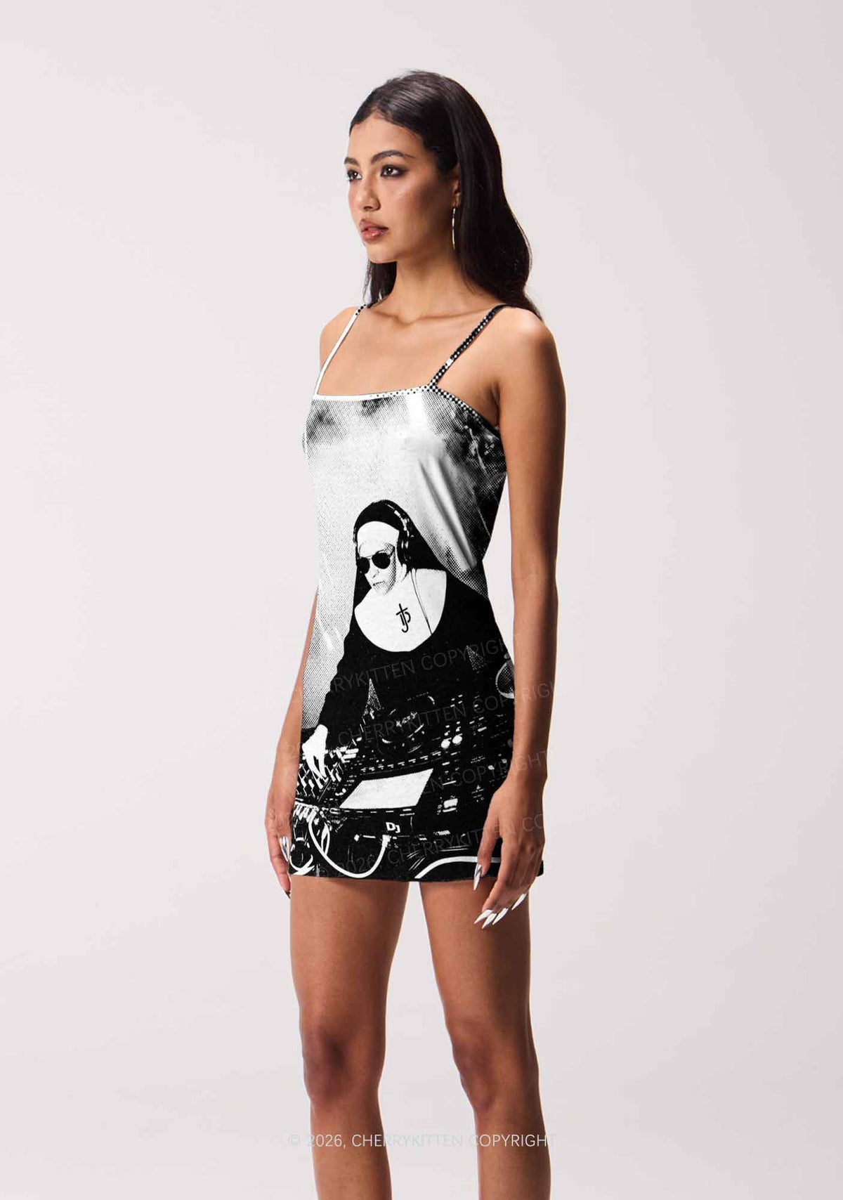 DJ Nun Y2K Print Slip Dress Cherrykitten