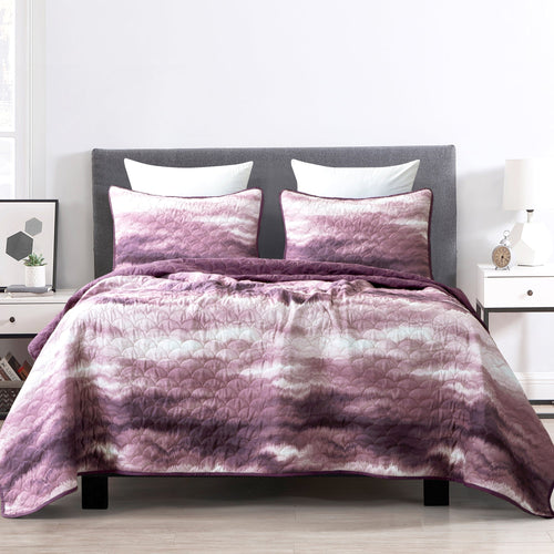 Reversible 3-Piece Bedspread Set - Watercolor Tie-Dye Quilted Bedding Coverlet with Pillow Shams