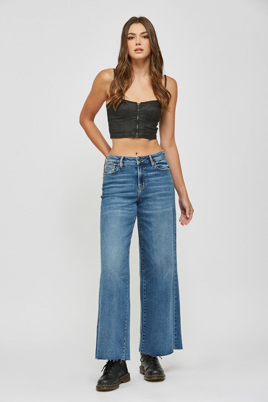 Nori 31" - Dark Wash Clean Stretch - Highrise Wideleg - Hidden