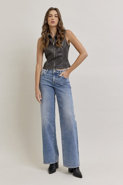 Nori 33" - Medium Wash Clean Mid Rise Wideleg Denim - Hidden