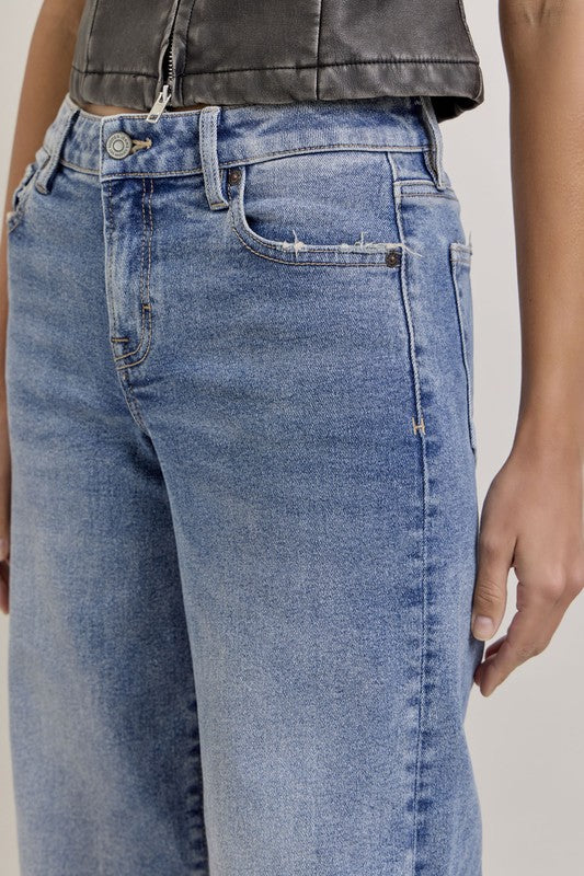 Nori 33" - Medium Wash Clean Mid Rise Wideleg Denim - Hidden