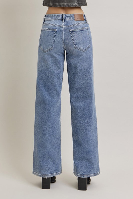 Nori 33" - Medium Wash Clean Mid Rise Wideleg Denim - Hidden