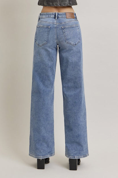 Nori 33" - Medium Wash Clean Mid Rise Wideleg Denim - Hidden