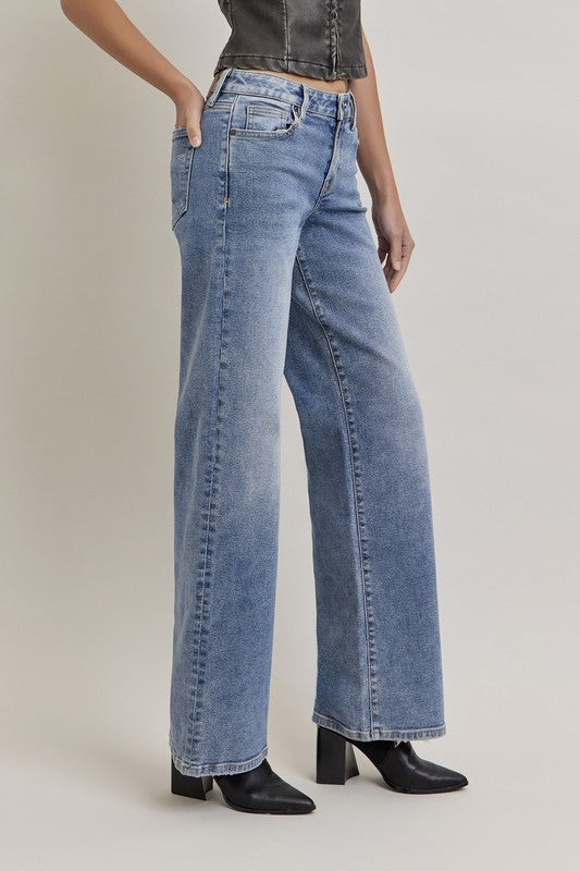 Nori 33" - Medium Wash Clean Mid Rise Wideleg Denim - Hidden