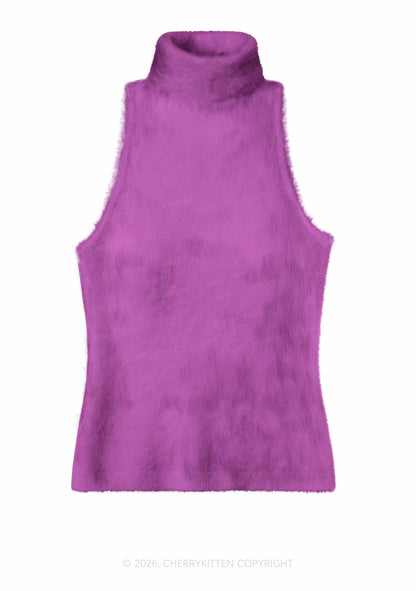Plain Purple Y2K Knit Turtleneck Tank Top Cherrykitten