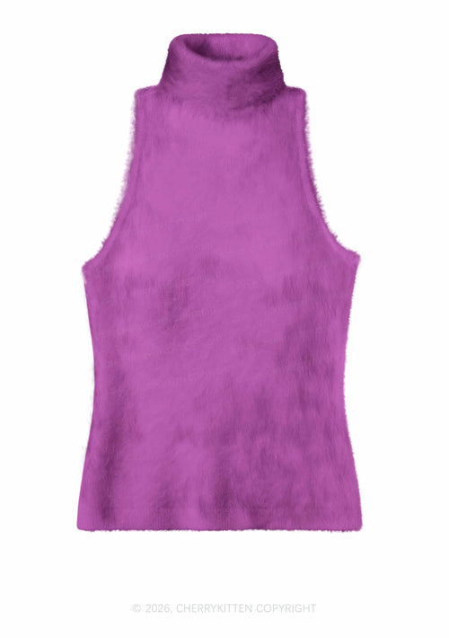 Plain Purple Y2K Knit Turtleneck Tank Top Cherrykitten