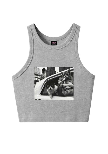 Cats Smoke In Car Y2K Crop Tank Top Cherrykitten