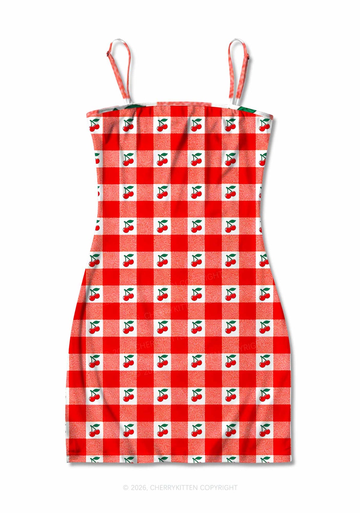 Red Plaid Cherry Y2K Print Slip Dress Cherrykitten