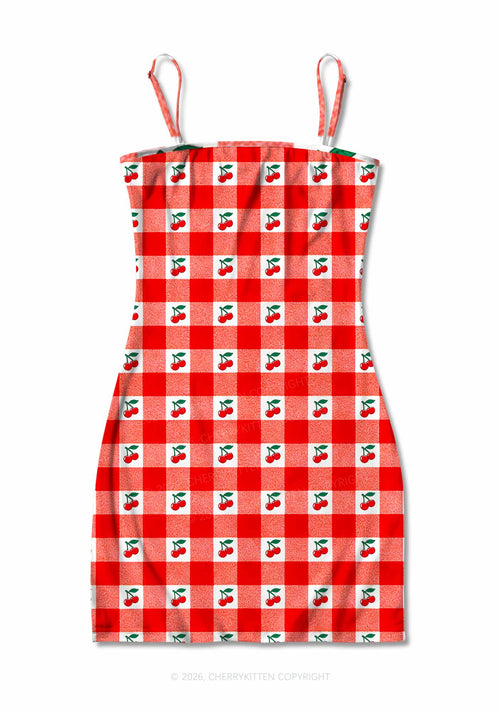 Red Plaid Cherry Y2K Print Slip Dress Cherrykitten