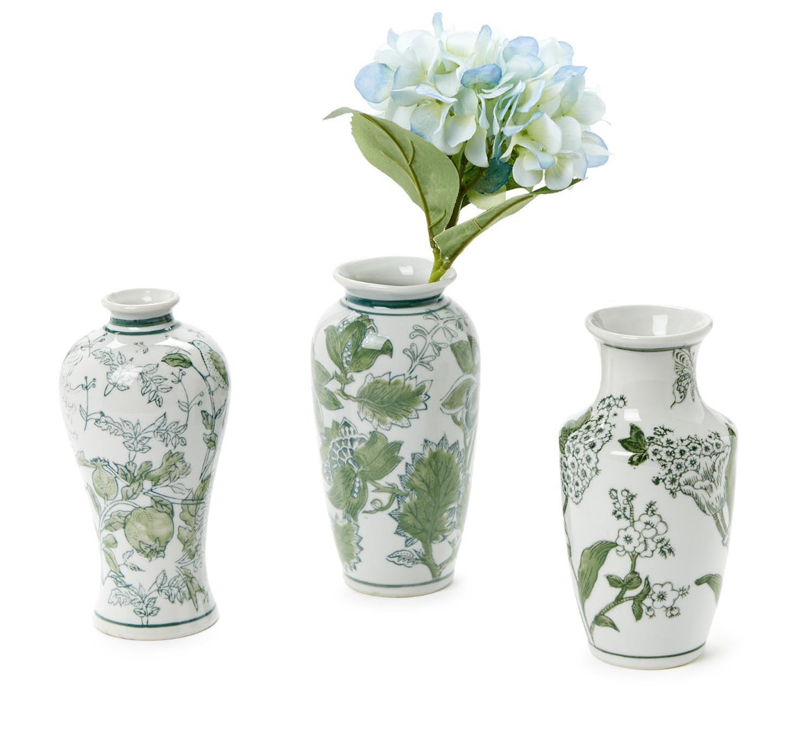 PRIMROSE AND LOTUS HAND-PAINTED GREEN AND WHITE CHINOISERIE VASES-Set of three