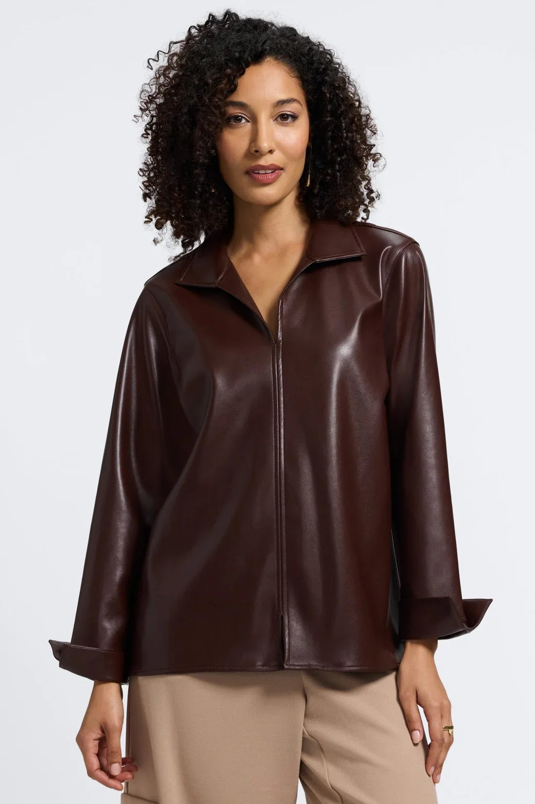 Faux Leather V Neck Top-Brown