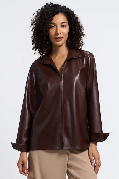 Faux Leather V Neck Top-Brown