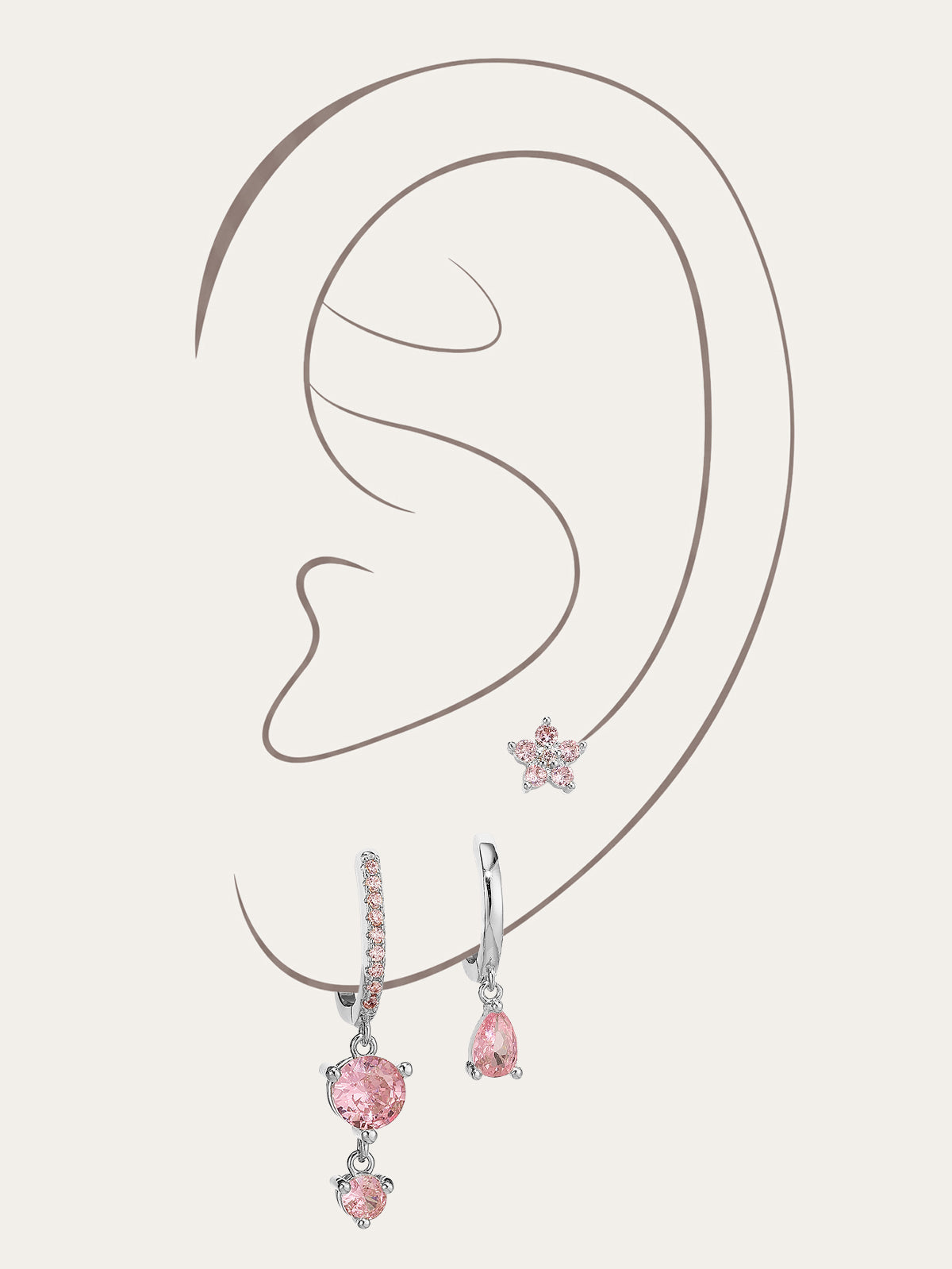 KOSINER 925 Sterling Silver Romantic Pink 3-Piece Set