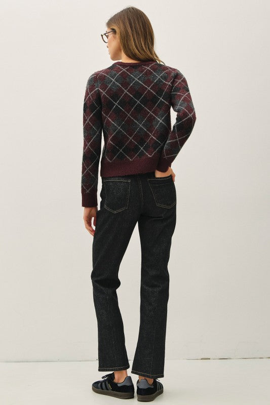 Wine Wool Blend Argyle Cardigan