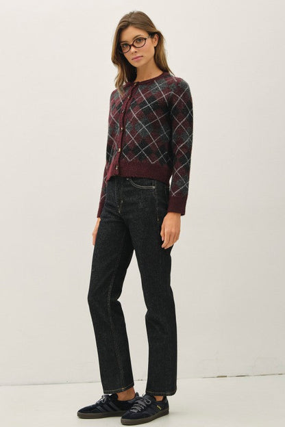 Wine Wool Blend Argyle Cardigan