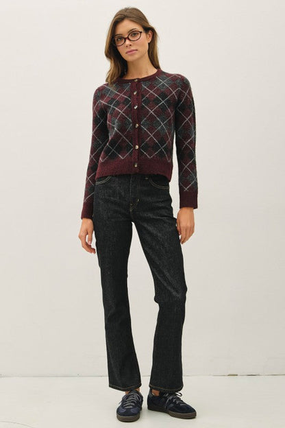 Wine Wool Blend Argyle Cardigan