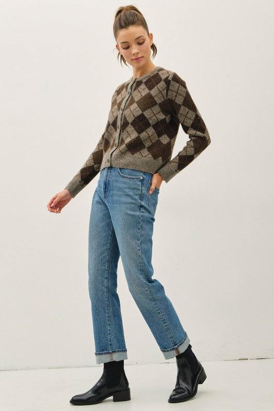 Brown Wool Blend Argyle Cardigan