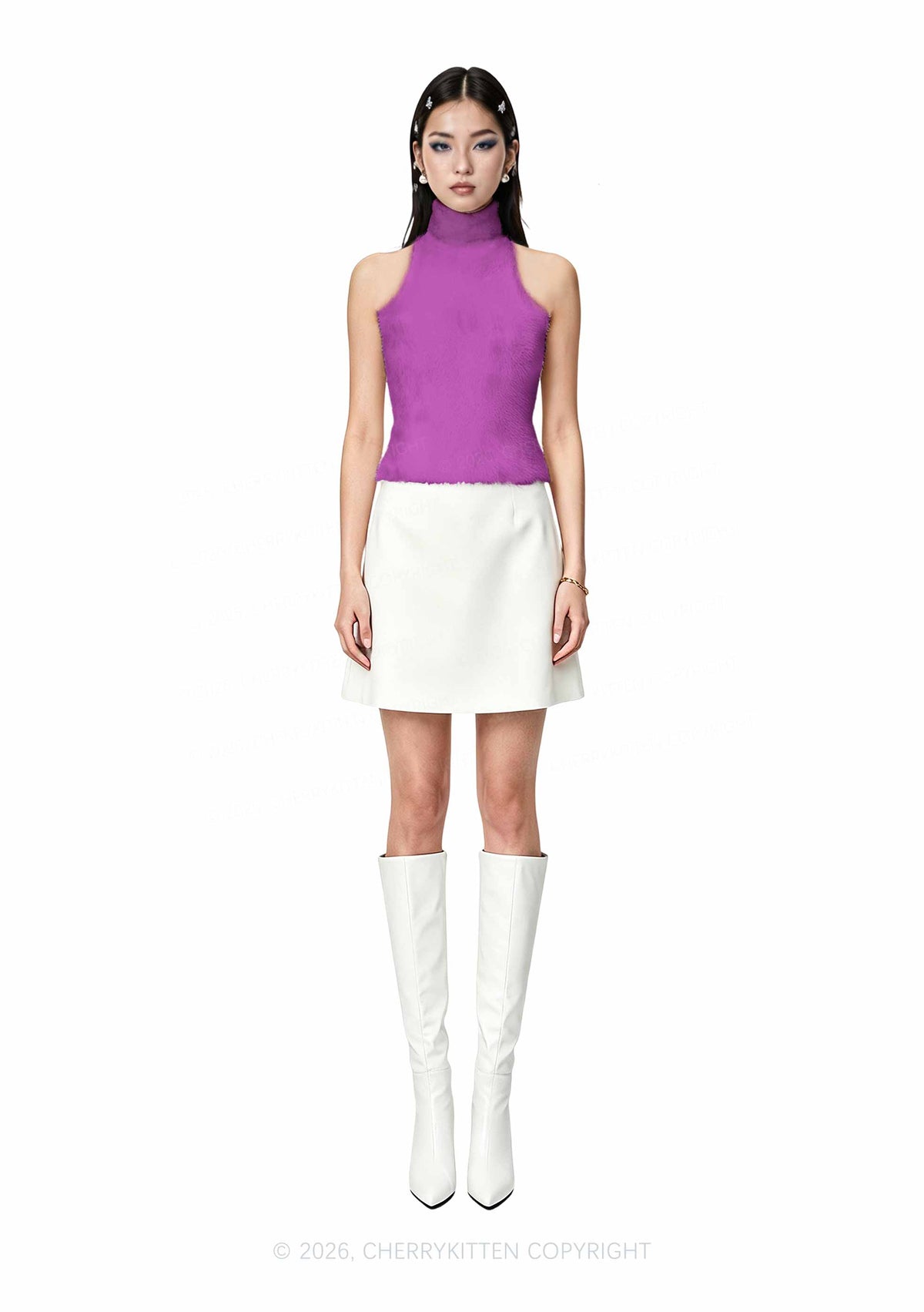 Plain Purple Y2K Knit Turtleneck Tank Top Cherrykitten