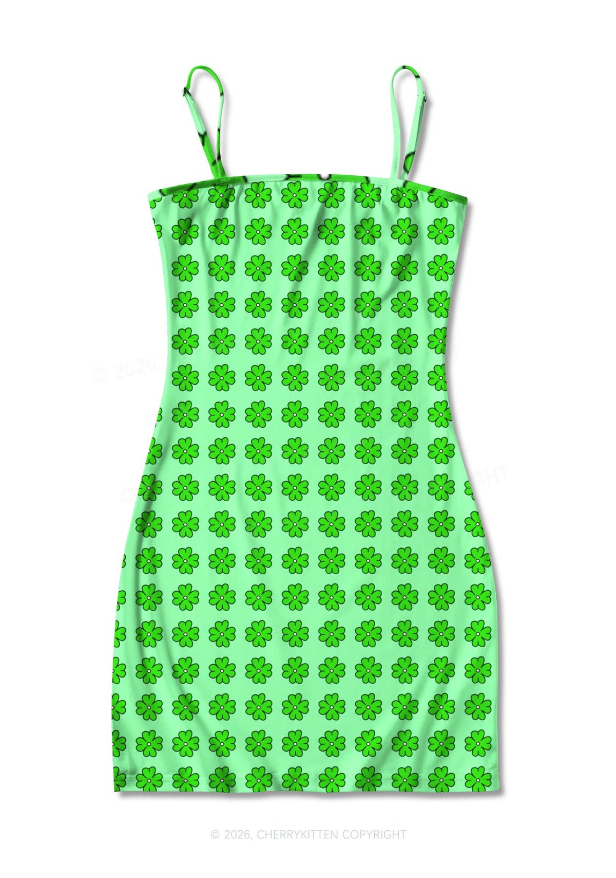 Green Clover Grid St Patricks Y2K Print Slip Dress Cherrykitten
