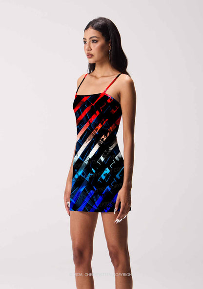 Red Blue Gradient Diagonal Stripe Y2K Print Slip Dress Cherrykitten