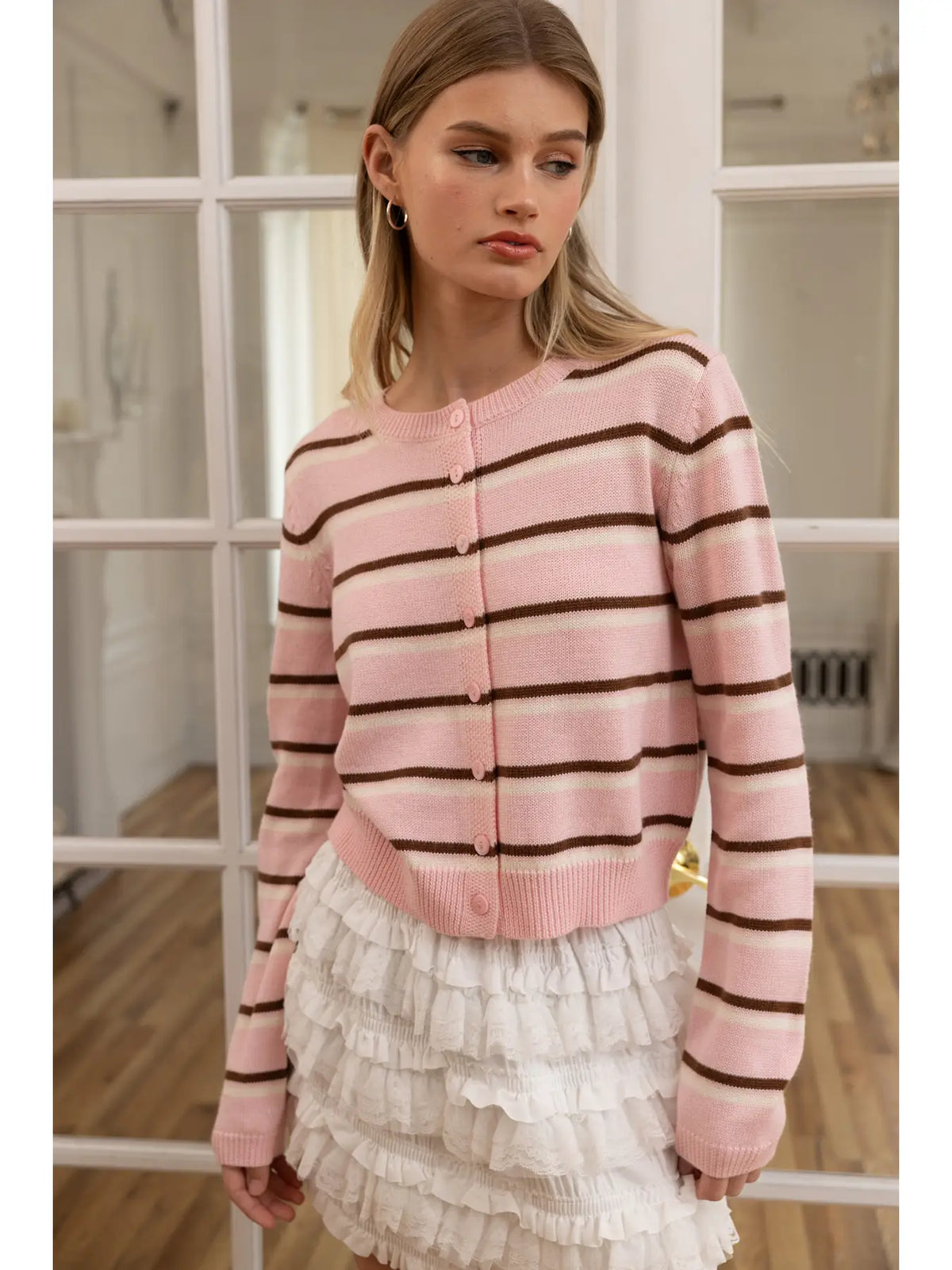 Blush Mocha Striped Button-Up Knit Cardigan