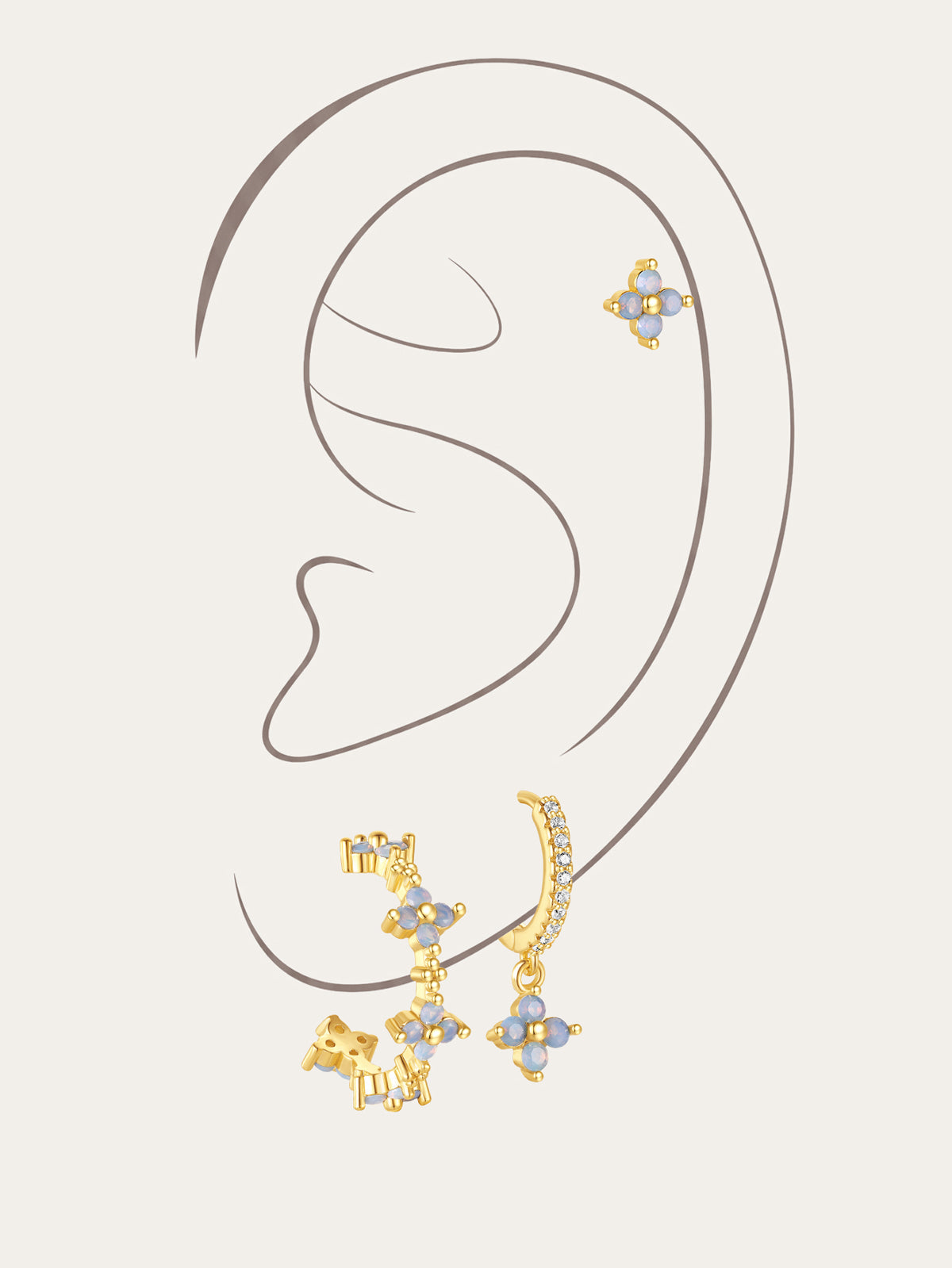 KOSINER 18K Gold Plated Light Blue Four-Petal Flower Set