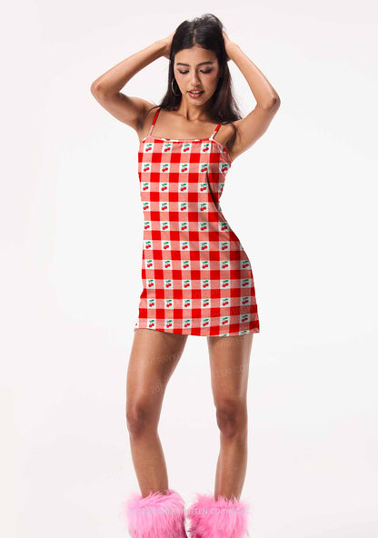 Red Plaid Cherry Y2K Print Slip Dress Cherrykitten