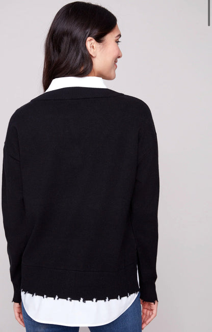 V-Neck Fooler Sweater With Shirt Collar-Black