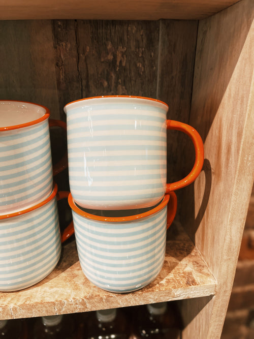 Blue Striped Mug with Orange Handle