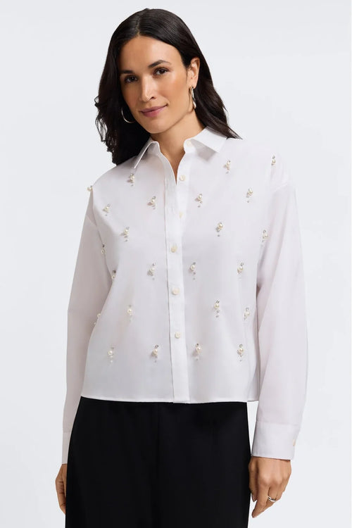Marina Pearl & Rhinestone Appliqué Long Sleeve Short Shirt-White
