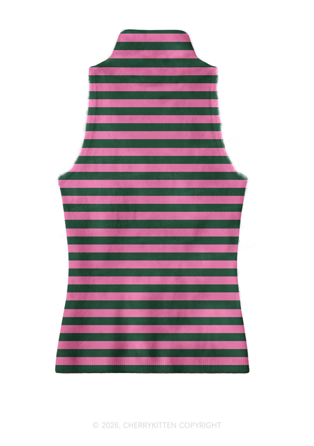 Pink Green Stripes Y2K Knit Turtleneck Tank Top Cherrykitten
