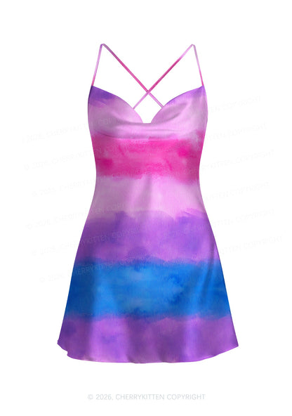 Bisexual Pride Y2K Print Satin Cowl Neck Slip Dress Cherrykitten