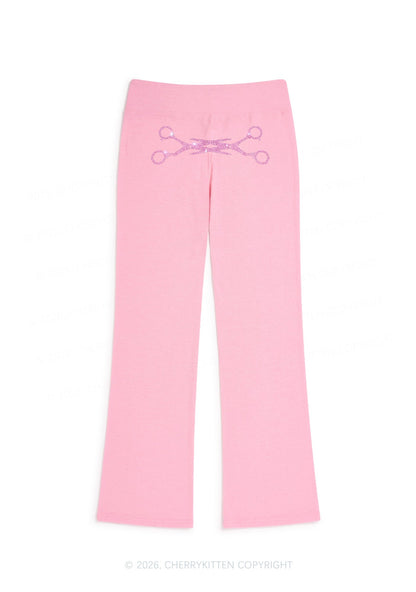 Rhinestone Pink Scissor Pride Y2K Low Rise Drawstring Flare Pants Cherrykitten