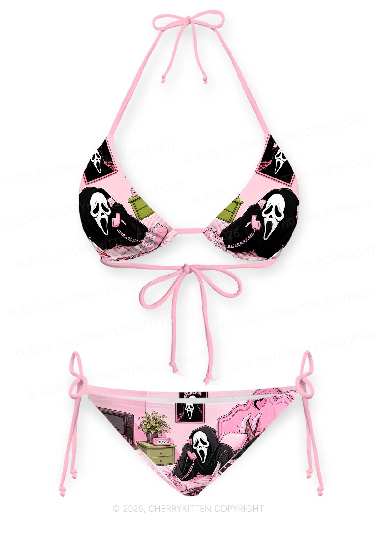 Halloween Skeleton Calling Y2K Print Bikini Set Cherrykitten