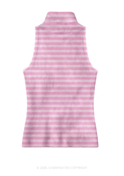 Light Pink White Stripes Y2K Knit Turtleneck Tank Top Cherrykitten