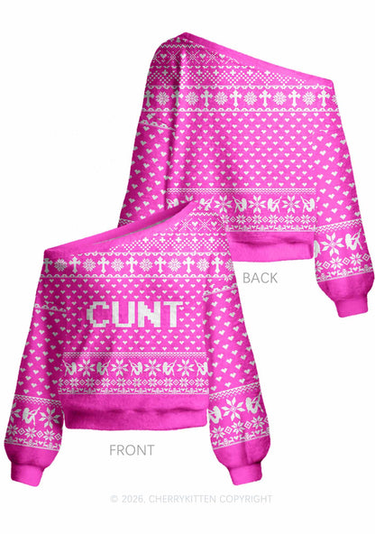 Pink Cxxt Y2K Off Shoulder Knit Sweatshirt Cherrykitten