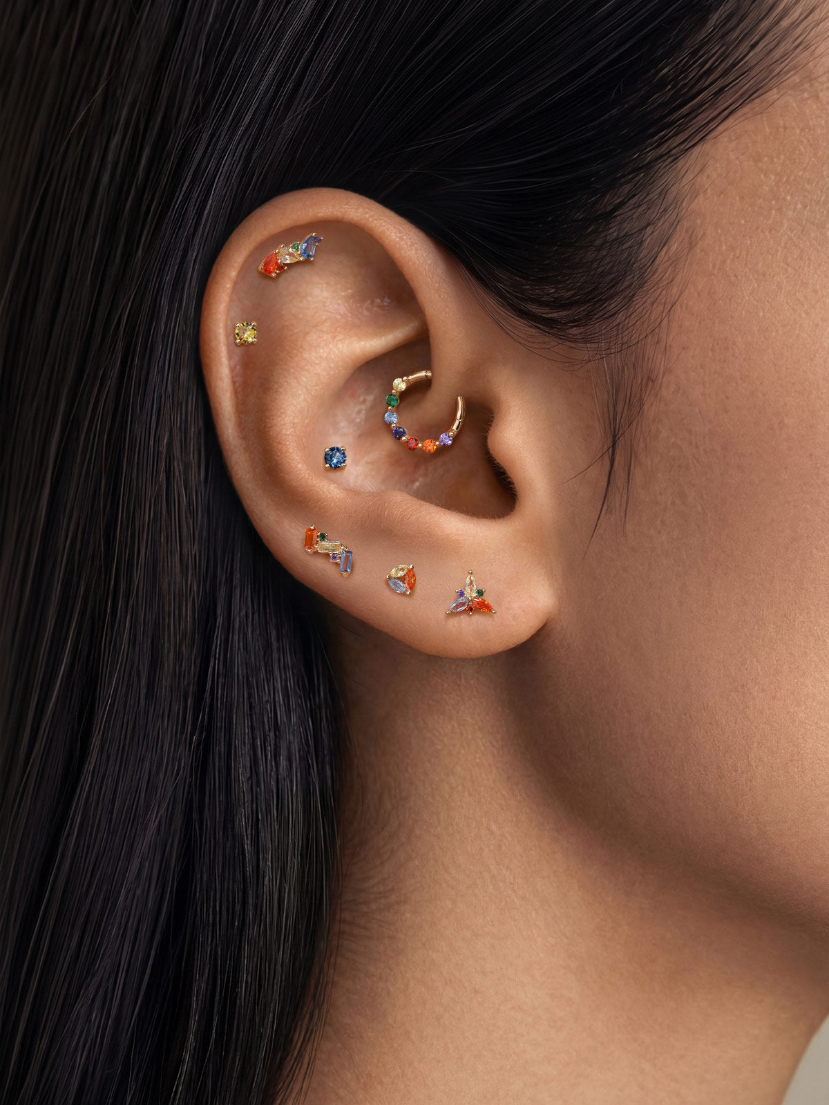 KOSINER Petals 14K Solid Gold Colorful Triangular Flower Flat Back Stud