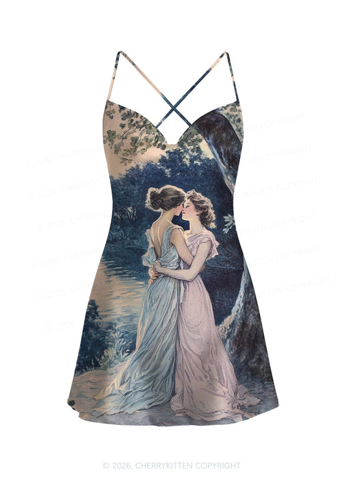 Best Friends Pride Y2K Print Satin Cowl Neck Slip Dress Cherrykitten