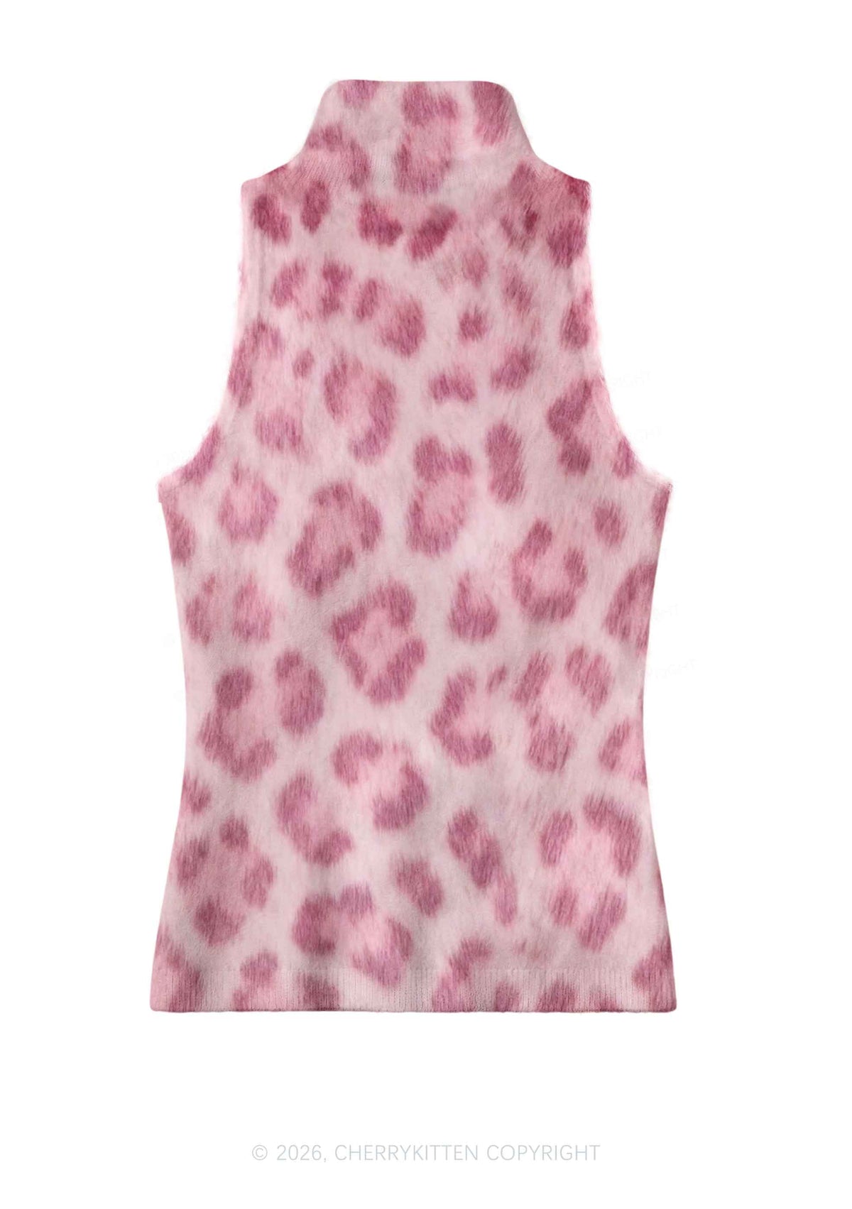 Light Pink Leopard Y2K Knit Turtleneck Tank Top Cherrykitten